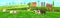 Rural spring landscape countryside with farm field with green grass, flowers, trees. Farmland with house, windmill and