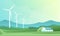 Rural spring landscape with fields, hills, wind turbine and barn or house with solar panels. Vector illustration of countryside.