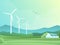 Rural spring landscape with fields, hills, wind turbine and barn or house with solar panels. Vector illustration of countryside.