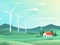 Rural spring landscape with fields, hills, wind turbine and house surrounded by cypresses. Vector illustration of countryside.
