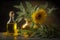 Rural still life sunflower oil in bottle with flowers of sunflower Helianthus annuus in dark light. Neural network AI