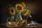 Rural still life sunflower oil in bottle with flowers of sunflower Helianthus annuus in dark light. Neural network AI