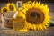 Rural still life sunflower oil in bottle with flowers of sunflower Helianthus annuus in dark light. Neural network AI