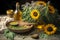 Rural still life sunflower oil in bottle with flowers of sunflower Helianthus annuus in dark light. Neural network AI