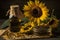 Rural still life sunflower oil in bottle with flowers of sunflower Helianthus annuus in dark light. Neural network AI