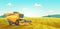 Rural summer landscape with Combine harvester agriculture machine harvesting golden ripe wheat field