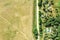 Rural summer landscape with green pasture, farmland, farmhouses, country road. aerial view