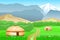 Rural summer landscape with nomad yurts and mountains vector illustration
