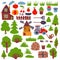Rural theme. Various agricultural graphic elements. Gardening stuff. Cartoon style. Wooden house, mill, fence, trees and bushes