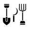 Rural tools, shovel, hayfork, reaping hook icon, vector illustration, sign on isolated background
