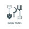 Rural tools,shovel, hayfork, reaping hook vector line icon, linear concept, outline sign, symbol