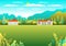 Rural valley Farm countryside. Village landscape with ranch in flat style design. Landscape with house farm family, barn, building