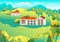Rural valley Farm countryside. Village landscape with ranch in flat style design. Landscape with house farm family, barn, building