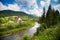 Rural view with river in Bieszczady mountains, Poland