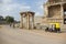 Rural view yellow rickshaw temple ruins, Hampi,