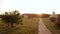 Rural village evening landscape.