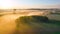 Rural village with a house, aerial view landscape. Fog morning over the plain and river floodplain of the meadow