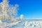 Rural winter landscape a with the blue sky, a field and the fore