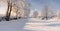 Rural Winter Landscape In Pastel Colors With Frozen River,Surrounded By Snowy Trees And Small Wood House On The River Bank. Belaru