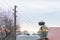 Rural winter landscape with rooftops, trasmission towers and stork nest, frosty morning in the countryside, winter farm at dawn