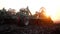 Rural work land by agriculture equipment at sunset field, nature farm, farming