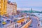 Rush Hour on Jane Haining rkp (quay) with yellow trams in Budapest, Hungary