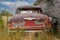 Rush Lake, SK- August 19, 2021: Rear view of an abandoned Borgward Isabella TS on the Saskatchewan prairies