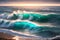 The Rushing Green Waves of the Sea, Chasing the Shoreline, Accompanied by the Splendid Radiance of a Sunset. AI generated