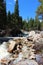 The rushing water of Copeland Falls flowing over rocks and boulders in the Rocky Mountain National Park