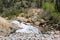 A rushing waterfall, Adams Falls, on a rocky mountain slope in the midst of a forest in Rocky Mountain National Park