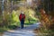 Russia 10-07-2019. Woman of retirement age on sports walk in the forest