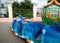 Russia, Arkhangelsk - July 2019. Two three-year-old white boys ride in a children`s open-carousel train. One baby is crying. Fun,