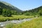 Russia, the Caucasian biosphere reserve. River valley of Imeretinka in summer in clear weather. Blooming fireweed