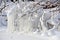 Russia, Chelyabinsk region. Icicles on trees on the shore of lake Uvildy in winter