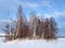 Russia, Chelyabinsk region. Small island on lake Uvildy in winter cloudy day