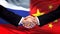 Russia and China handshake, international friendship summit, flag background