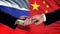 Russia and China officials exchanging money, flag background, business trade