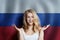 Russia concept with happy Surprised cute girl with Russian flag background. Travel and education concept