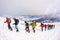 RUSSIA, Elbrus-JULY 29, 2018: a group of climbers follow each other in a chain to climb. Every year thousands of people go to the