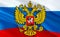 Russia emblem on Russian Federation flag design on Russia background, 3d rendering. Russia Flag Background for Russian Holidays.