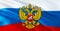 Russia emblem on Russian Federation flag design on Russia background, 3d rendering. Russia Flag Background for Russian Holidays.