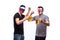 Russia and England football fans drink beer on white background.