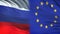 Russia and European Union officials exchanging confidential envelope, flags