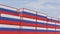 Russia flag containers are located at the container terminal. Concept for Russia import and export 3D