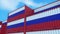 Russia flag containers are located at the container terminal. Russia export or import concept. 3d rendering