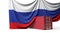 Russia flag draped over a commercial trade shipping container. 3D Rendering