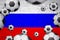Russia flag with soccer balls background