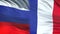 Russia and France officials exchanging confidential envelope, flags background