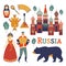 Russia icons set. Vector collection of Russian culture and nature images, including St. Basil s Cathedral, russian doll