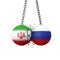 Russia and Iran political tensions concept. National flag wrecking balls smash together. 3D Rendering